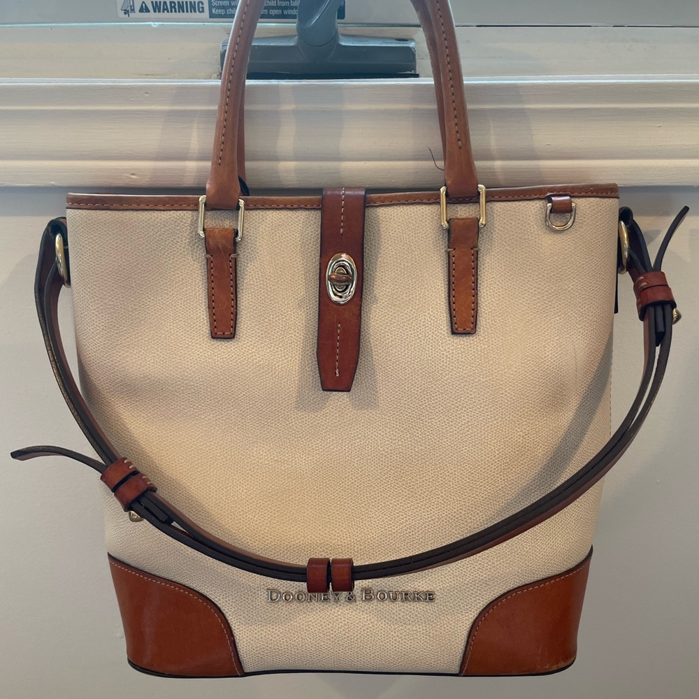 Dooney and Bourke Cream/Brown Trim Leather Shelby Shopper